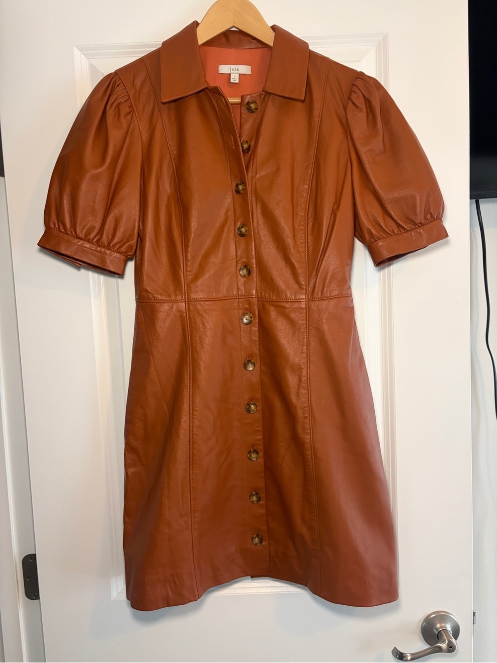 Joie | 100% Genuine Leather “Fidal” Brown Puff-Sleeve Button Front Mini Dress